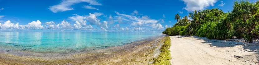 empty tropical beach at small maldives island, indian ocean.