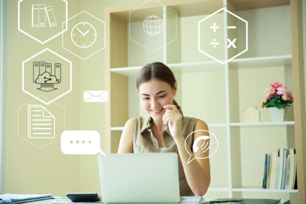 istock Business background, work from home concept. beautiful woman is working with notebook and checking marketing on business at home. technology concept is working online about internet of things. 1217408145