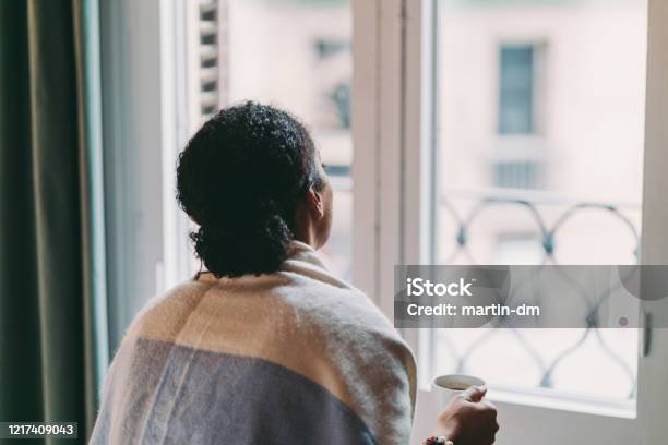 Staying Home During Covid19 Pandemic Stock Photo - Download Image Now - Women, One Woman Only, Rear View