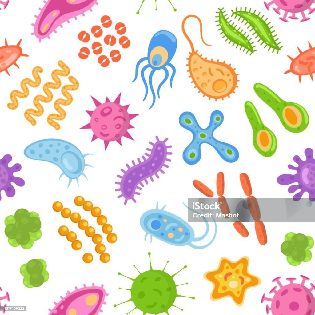 Ilustración de Patrón Sin Costuras Con Bacterias De Dibujos Animados De  Color Virus Y Gérmenes Células De Microorganismos Repitiendo Fondo Para  Diseño Textil Envoltura De Papper Wallpapper y más Vectores Libres de