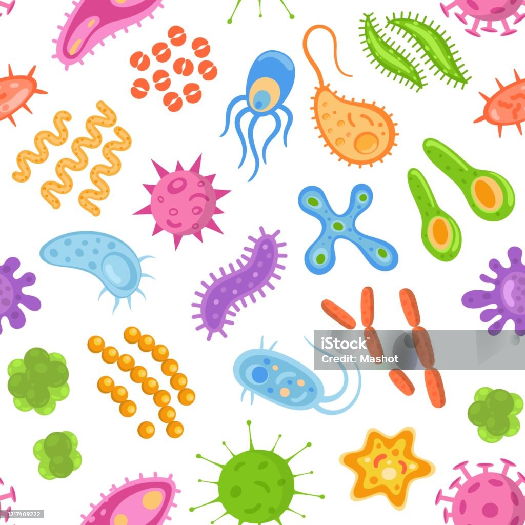 Ilustración de Patrón Sin Costuras Con Bacterias De Dibujos Animados De Color Virus Y Gérmenes Células De Microorganismos Repitiendo Fondo Para Diseño Textil Envoltura De Papper Wallpapper y más Vectores Libres de Ilustración de Patrón Sin Costuras Con Bacterias De Dibujos Animados De Color Virus Y Gérmenes Células De Microorganismos Repitiendo Fondo Para Diseño Textil Envoltura De Papper Wallpapper y más Vectores Libres de