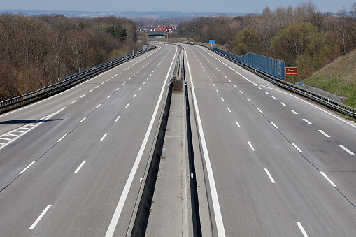 Highway without car traffic viewed from above, coronavirus effect, Germany.