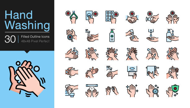 손 세탁 아이콘입니다. 위생 관리, 항균, 코로나 바이러스 (covid-19)로부터 보호 합니다. 채워진 윤곽 선 디자인. - hand sanitizer liquid soap hygiene healthy lifestyle stock illustrations