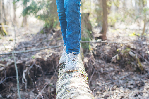Woman walking on a log in the forest and balancing: physical exercise, healthy lifestyle and harmony concept A teenage girl crosses a ravine in a woodland. Keep balance, dexterity test.