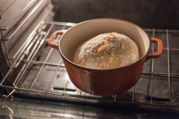 Homemade - Preparing rustic homemade Italian bread in a domestic oven and enameled iron pan
