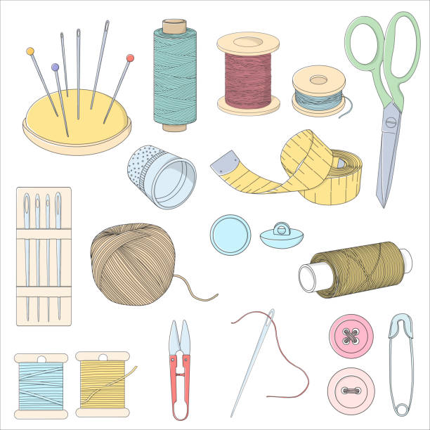 ilustraciones, imágenes clip art, dibujos animados e iconos de stock de set con accesorios de costura sobre un fondo blanco. - white background string spool sewing item