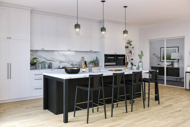 Black and White Kitchen Picture of modern black and white kitchen. Render image. kitchen island stock pictures, royalty-free photos & images