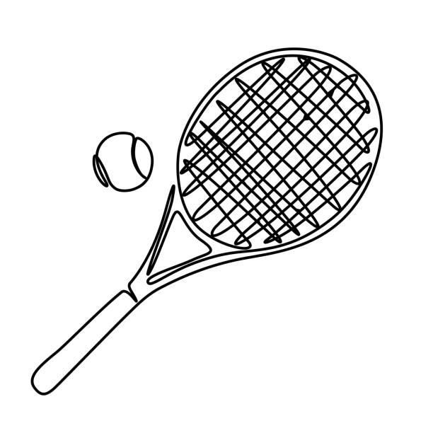 ilustraciones, imágenes clip art, dibujos animados e iconos de stock de una raqueta de tenis de arte de línea y la ilustración vectorial de pelota de tenis - tennis court vector tennis racket