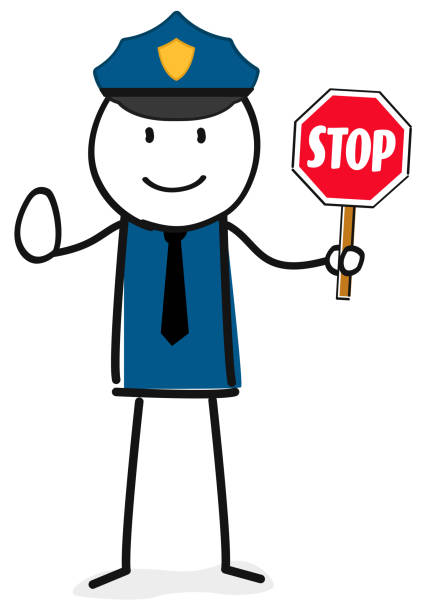 ilustrações de stock, clip art, desenhos animados e ícones de police man with stop sign - humor badge blue crime