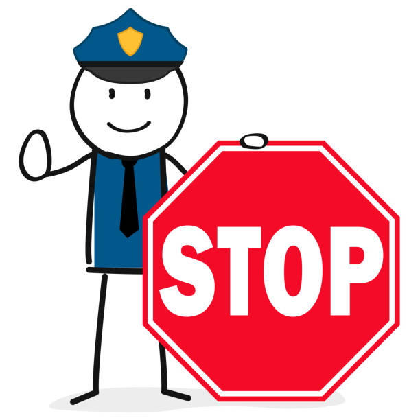 polizist mit stoppschild - humor badge blue crime stock-grafiken, -clipart, -cartoons und -symbole