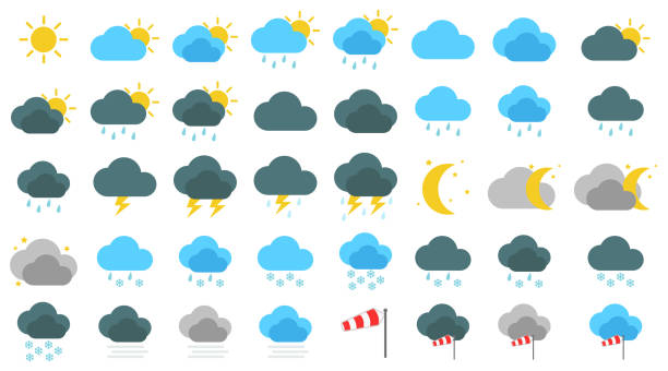 illustrazioni stock, clip art, cartoni animati e icone di tendenza di set di vettori icona meteo - lightning storm thunderstorm weather