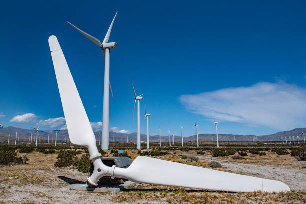 Old broken wind turbine blade in field of wind turbines stock photo