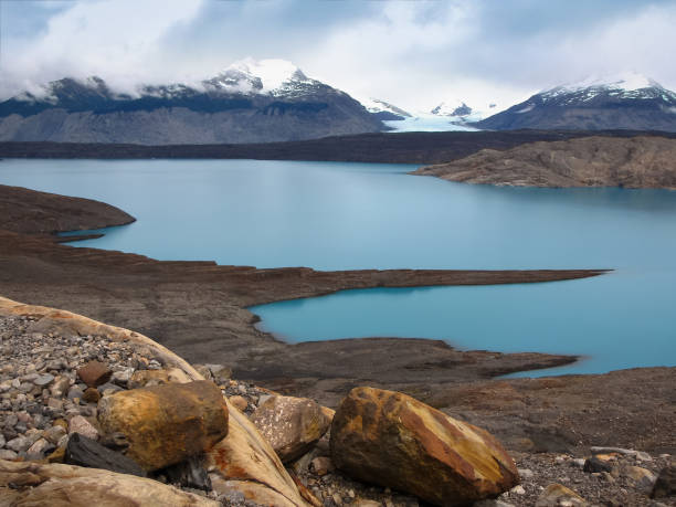 Magnificent panoramic view of the blue glacial water of Lake Guillermo and Upsula glacier, Los Glaciares National Park, Argentina, Patagonia, South America