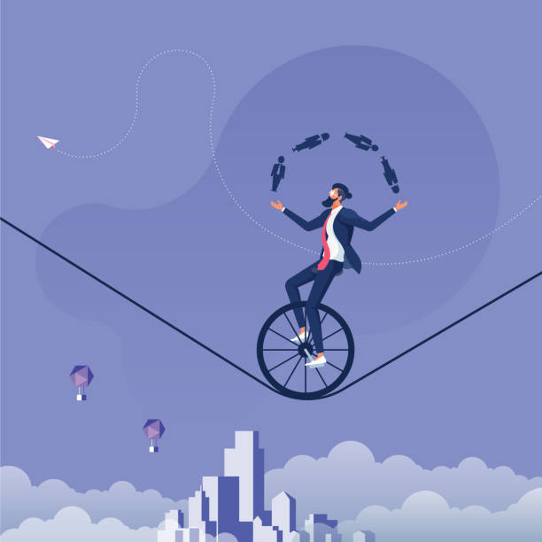 stockillustraties, clipart, cartoons en iconen met zakenman die het pictogram van mannen en vrouwen jongleert terwijl het berijden van een unicycle-man beheersconcept - jongleren