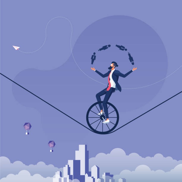 ilustrações de stock, clip art, desenhos animados e ícones de businessman juggling men and women icon whilst riding a unicycle-man management concept - juggling