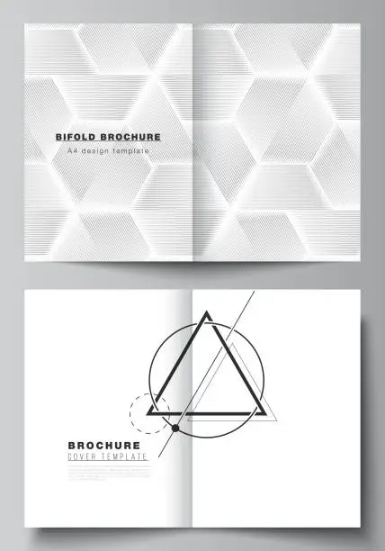 Vector illustration of Vector layout of two A4 format modern cover mockups design templates for bifold brochure, magazine, flyer, booklet. Abstract geometric triangle design background using triangular style patterns.