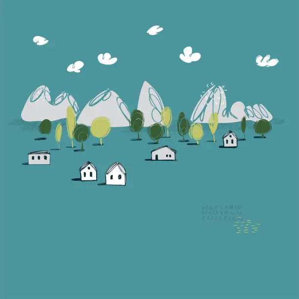 Vector illustration of Hand drawn stylized landscape with mountains and houses.