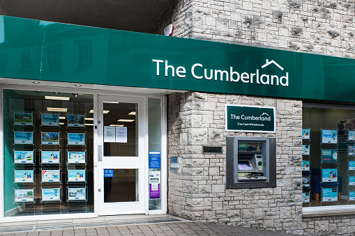 Kendal Cumbria UK April 6th 2020 Cumberland Building Society sign above the entrance to a branch in high street setting. UK