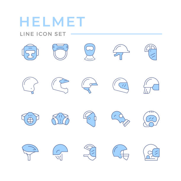 установите цветовые значки шлемов и масок - football helmet sports helmet sports uniform vector stock illustrations