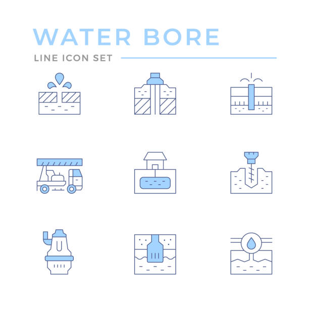 ilustrações de stock, clip art, desenhos animados e ícones de set color line icons of water bore - borehole