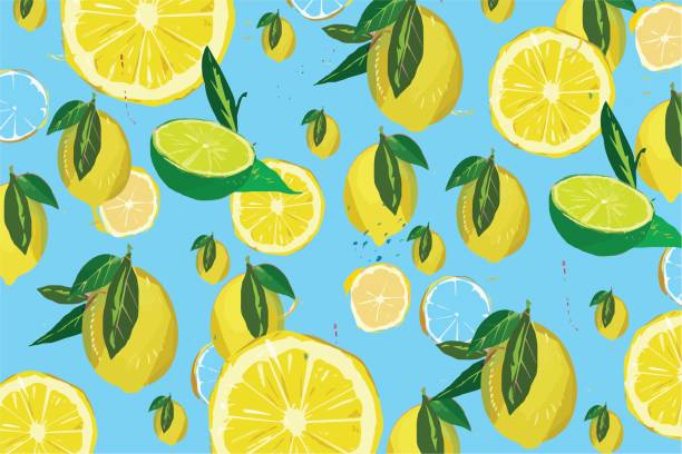 ilustraciones, imágenes clip art, dibujos animados e iconos de stock de patrón de limón en ilustraciones de fondo azul - lemon backgrounds fruit textured