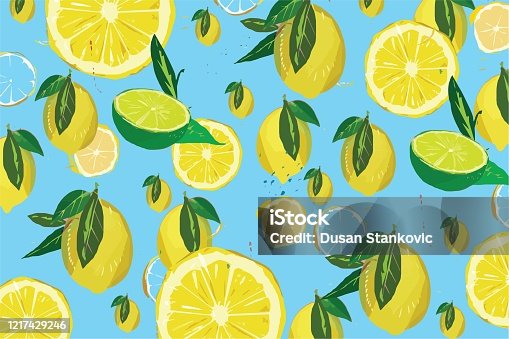 istock Lemon pattern on blue background illustrations 1217429246