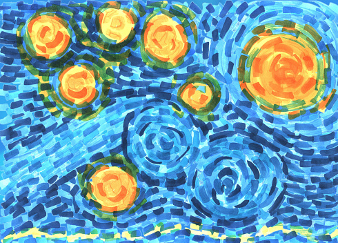 abstract background freehand by living materials, colored masks with curls, starry night in the style of Van Gogh