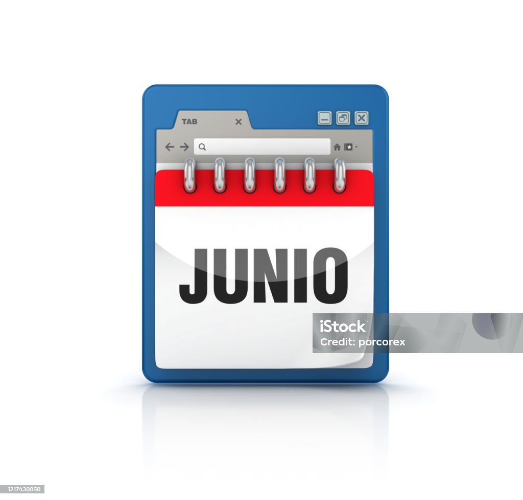 Web Browser with JUNIO Calendar - Spanish Word - 3D Rendering JUNIO Calendar - White Background - 3D Rendering 2020 Stock Photo