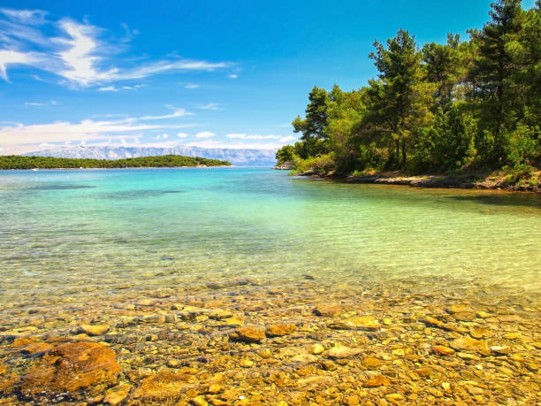 Paradise Adriatic lagoon View of a beautiful beach, Vrboska village, Hvar island, Dalmatia, Croatia. Famous summer resort. jelsa stock pictures, royalty-free photos & images