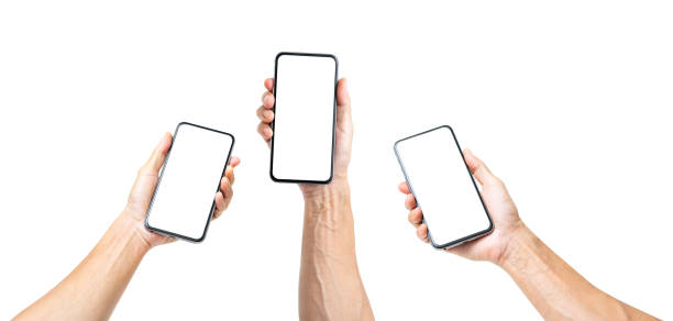 istock Set of man hands holding blank white screen smartphone isolated on white background 1217431513