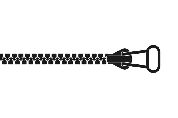 Vector illustration of Black isolated zip fastener on white background. Silhouette of lock zipper. Flat design.