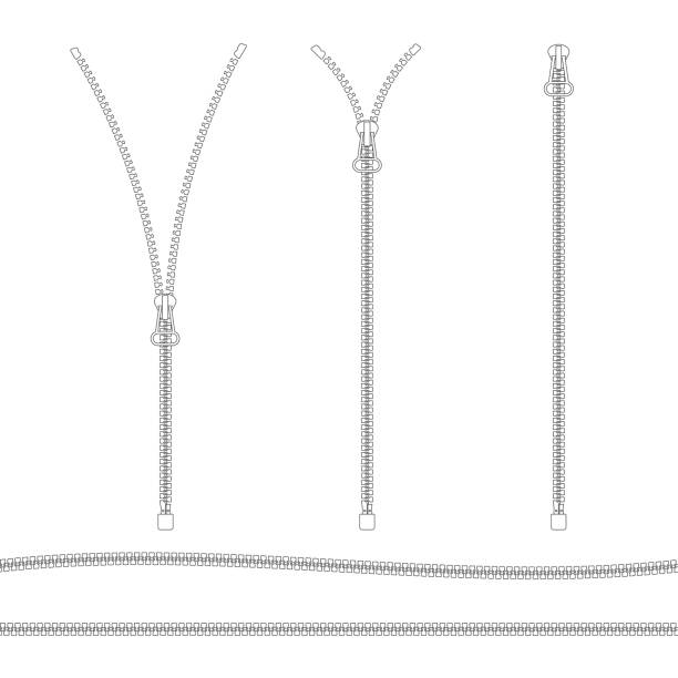 istock Set of black isolated zip fastener on white background. Lock and unlock line zipper. Two seamless outline zip fastener. 1217434819