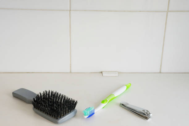 istock Personal hygiene items on shelf in bathroom 1217435234