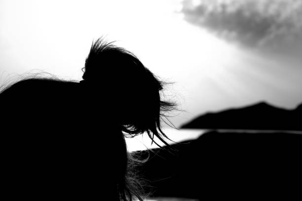 istock Silhouette of woman's head with waving hair, back light. 1217435747