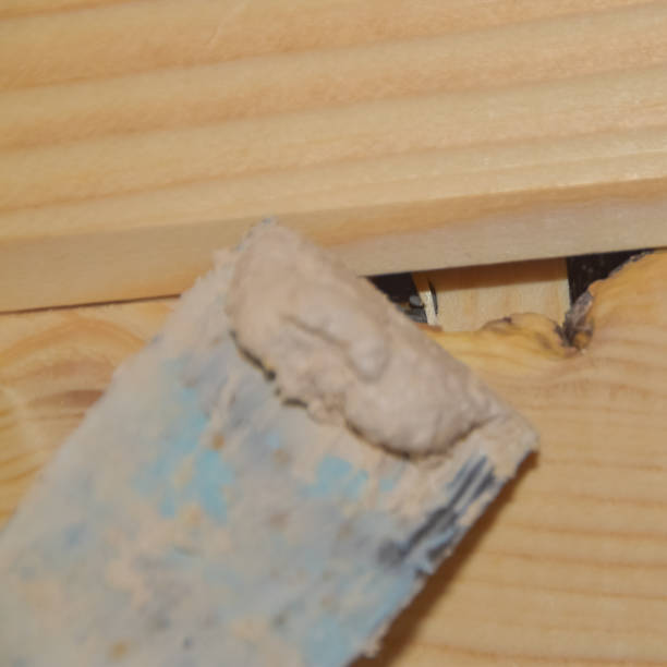 istock worker puts putty on a hole in a wooden wall 1217437169