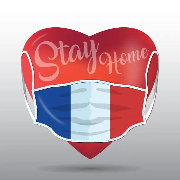 Vector illustration of Red heart with medical mask. Covid 19 design. Stay home concept with France flag.