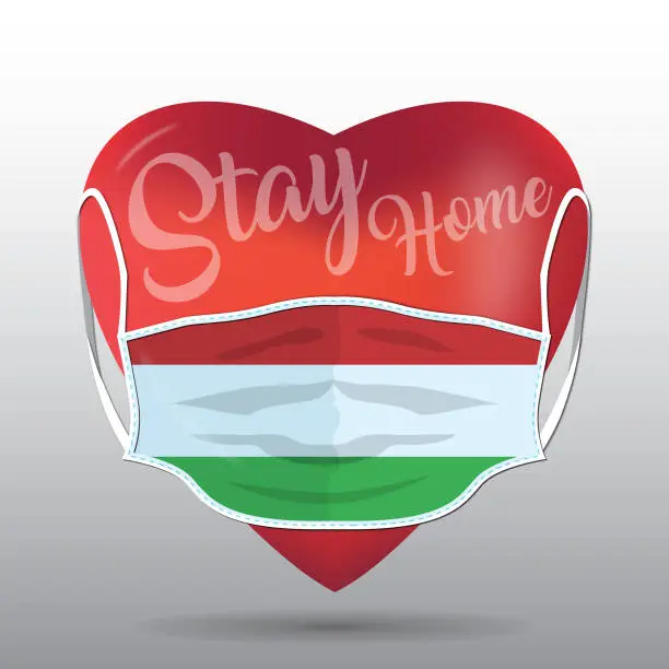 Vector illustration of Red heart with medical mask. Covid 19 design. Stay home concept with Hungary flag.