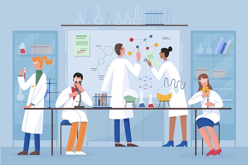 Students team, group scientists in science laboratory flat character vector illustration concept. Sitting and standing people in lab coats do research, discuss schema on whiteboard, look at microscope