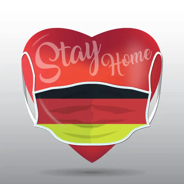 Vector illustration of Red heart with medical mask. Covid 19 design. Stay home concept with Germany flag.