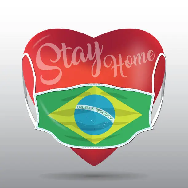 Vector illustration of Red heart with medical mask. Covid 19 design. Stay home concept with Brasil flag.