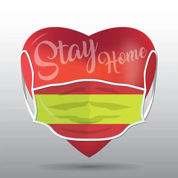 Vector illustration of Red heart with medical mask. Covid 19 design. Stay home concept with Spain flag.