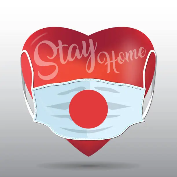 Vector illustration of Red heart with medical mask. Covid 19 design. Stay home concept with Japan flag.