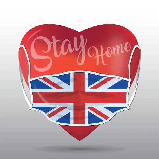 Vector illustration of Red heart with medical mask. Covid 19 design. Stay home concept with United Kingdom flag.