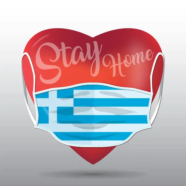 Vector illustration of Red heart with medical mask. Covid 19 design. Stay home concept with Greece flag.