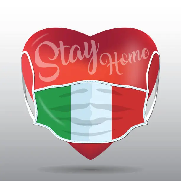 Vector illustration of Red heart with medical mask. Covid 19 design. Stay home concept with Italy flag.