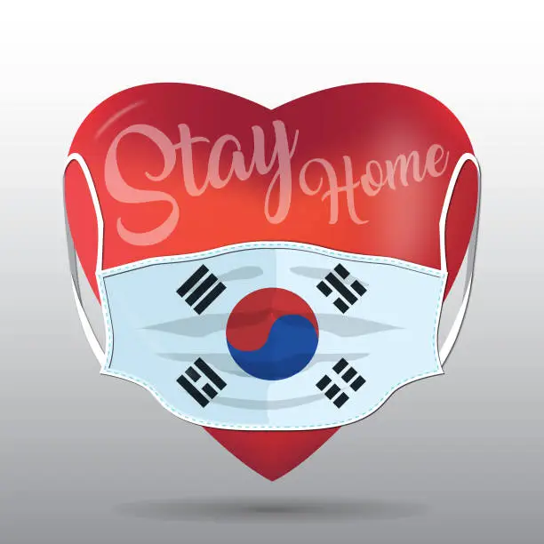 Vector illustration of Red heart with medical mask. Covid 19 design. Stay home concept with South Korea flag.