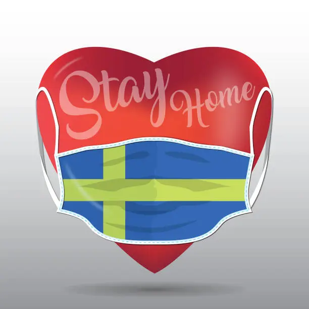 Vector illustration of Red heart with medical mask. Covid 19 design. Stay home concept with Sweden flag.