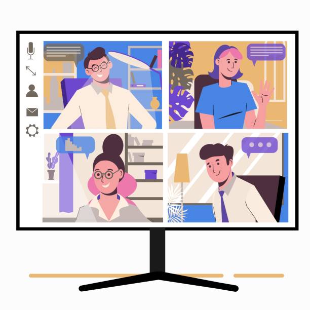 Work at home, freelance, remote work as a team. Online chatting colleagues and employees. Service for communication. Flat illustration isolated on white background. Virtual conference. Monitor screen Work at home, freelance, remote work as a team. Online chatting colleagues and employees. Service for communication. Flat illustration isolated on white background. Virtual conference. Monitor screen hot desking stock illustrations