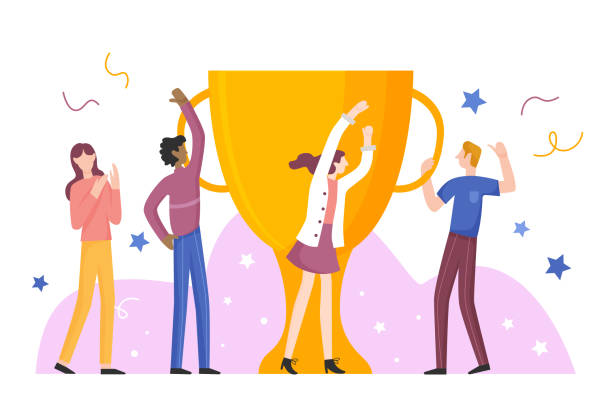 istock People, team celebrate success symbolized by gold cup character flat vector illustration concept 1217444746