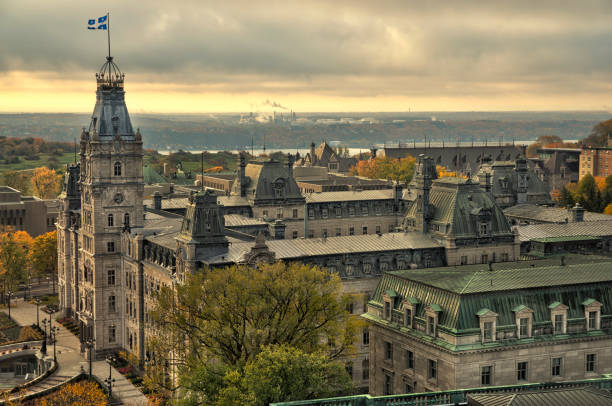 Parliament of Quebec, Canada. Cloudy sky. stock photo